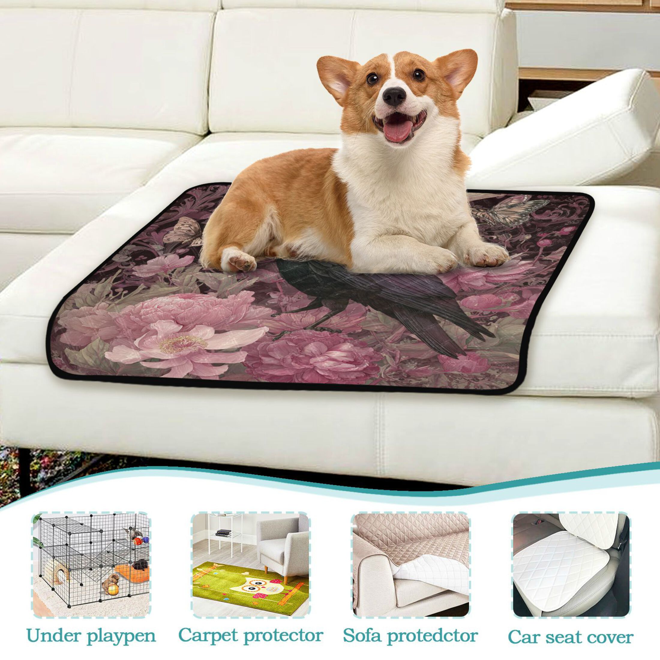 Qxltty Peony Crow Cat litter Pads Pet Set of 3 Diaper Mats Center Anti-leakage Layer Absorbent Soft and Comfortable