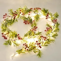 6.5FT Christmas Garland with Lights, Snowy Red Berries & Holly Leaves Pre-Lit Battery Operated Garland for Fireplace, Mantle, Indoor & Outdoor Decoration