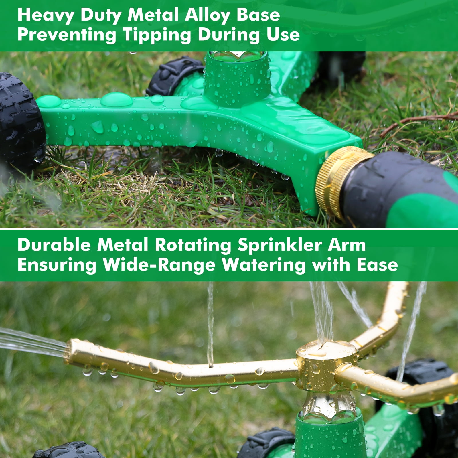 [2 Pack]  3-Arm Metal Sprinkler with Wheel Base, 360 Degree Automatic Rotary Lawn Sprinkler System for Garden Plant, Flower Bed and Yard Watering and Large Yard Area Watering - 1