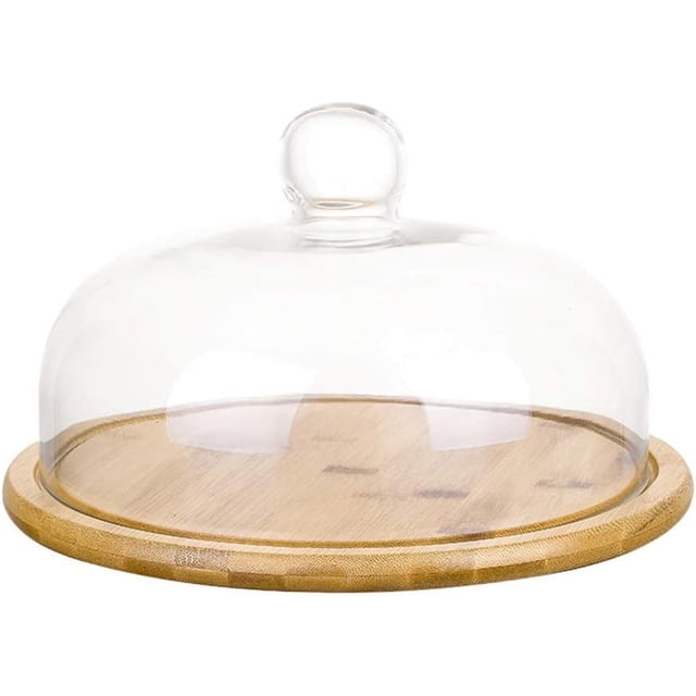 Elegante cúpula de vidrio para servir postres: cubierta de vidrio transparente resistente, los exhibidores hacen que la comida sea atractiva, base de madera totalmente natural, diseño reutilizable