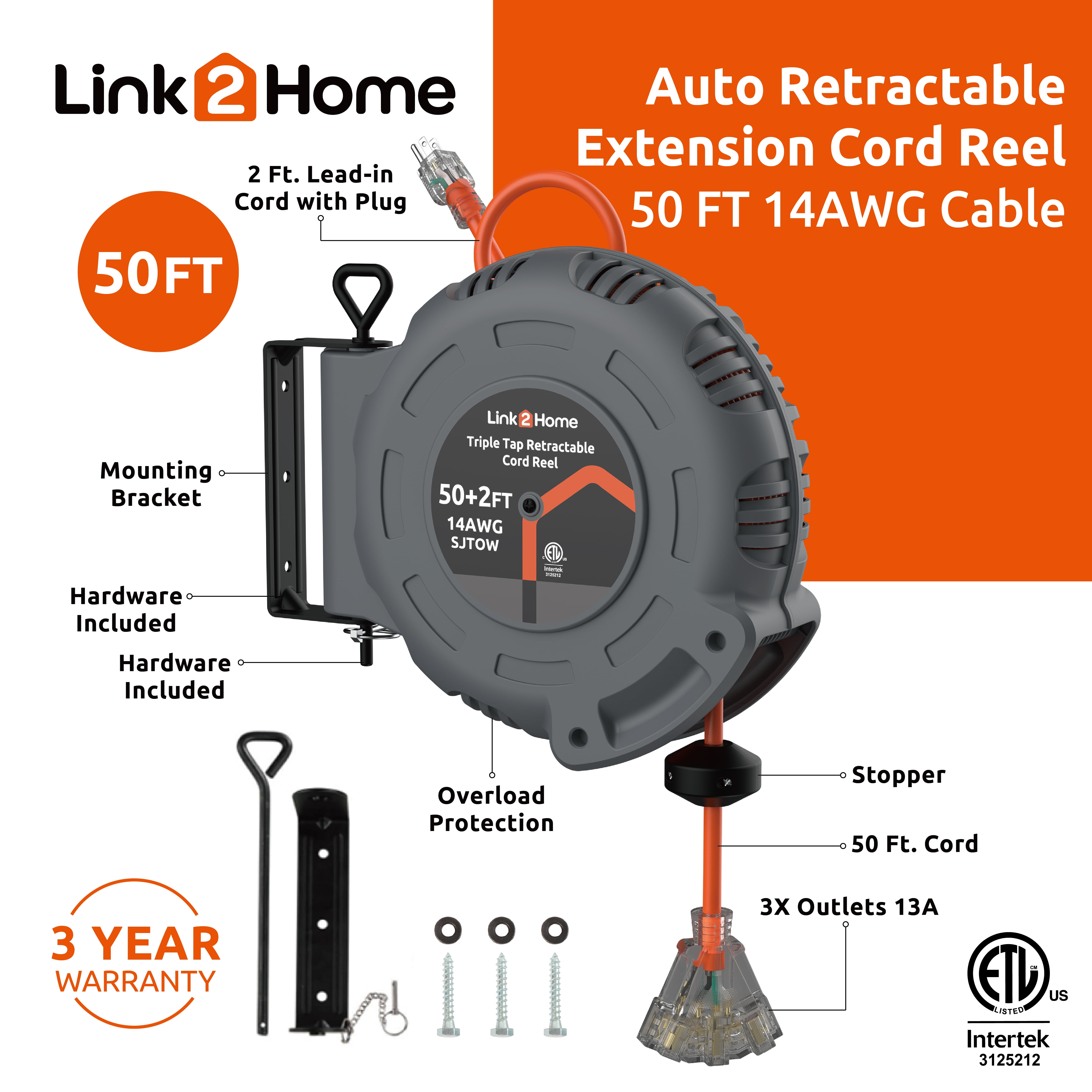 Link2Home 50 Ft Cord Reel 3 Outlet Lighted Tap 14AWG Heavy-Duty Cable