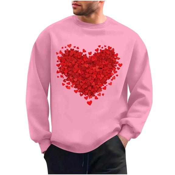 Mens Valentines Day Sweatshirts Love Heart Printed Graphic Casual Loose Long Sleeve Crewneck Pullover Shirts Top (XXL, Pink)
