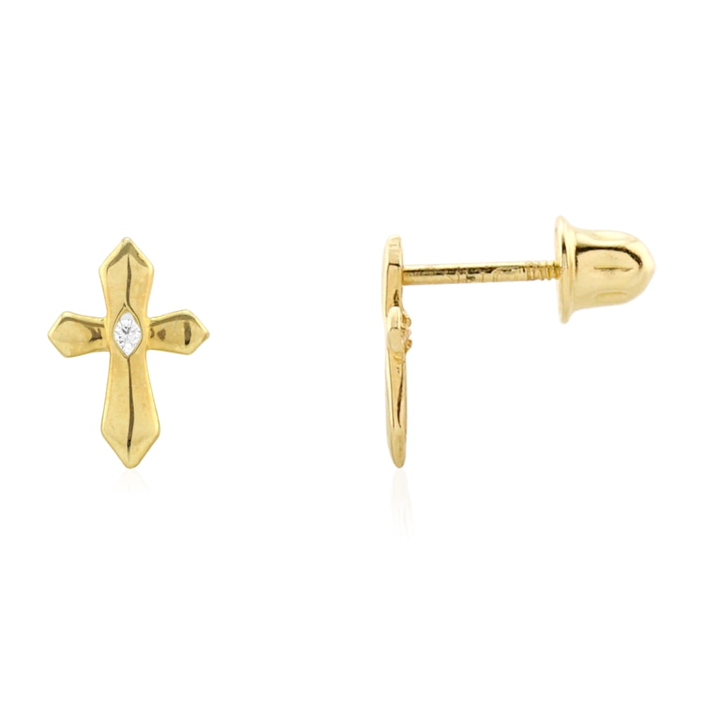 14k Yellow Gold Created Diamond Religious Cross Screw Back Stud