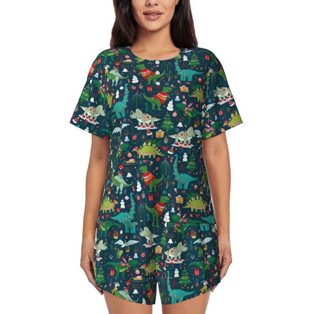 Balery Christmas Dinosaur colorful Conjunto de Pijama para Mujer con Estampado, Dos Piezas de Manga Corta y Shorts, Ropa de Dormir Suave con Cuello Redondo y Bolsillos-Small