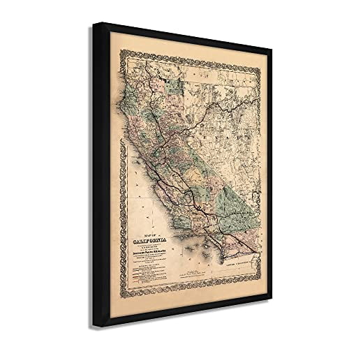 1876 California Map Poster Framed Vintage California Wall Art History Map of California
