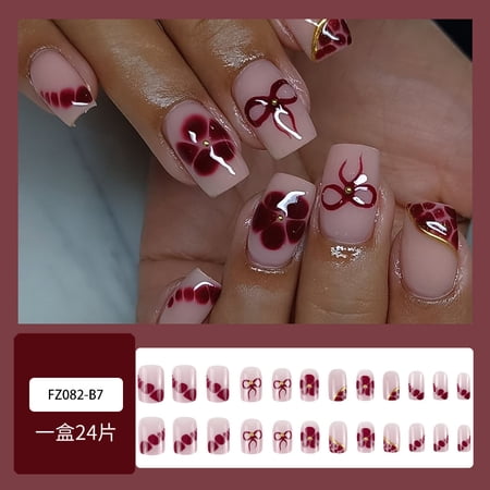 Phnom Penh flower relief fake nail piece, red ribbon 3D nail sticker, three-dimensional gilt diamond new wearing nail