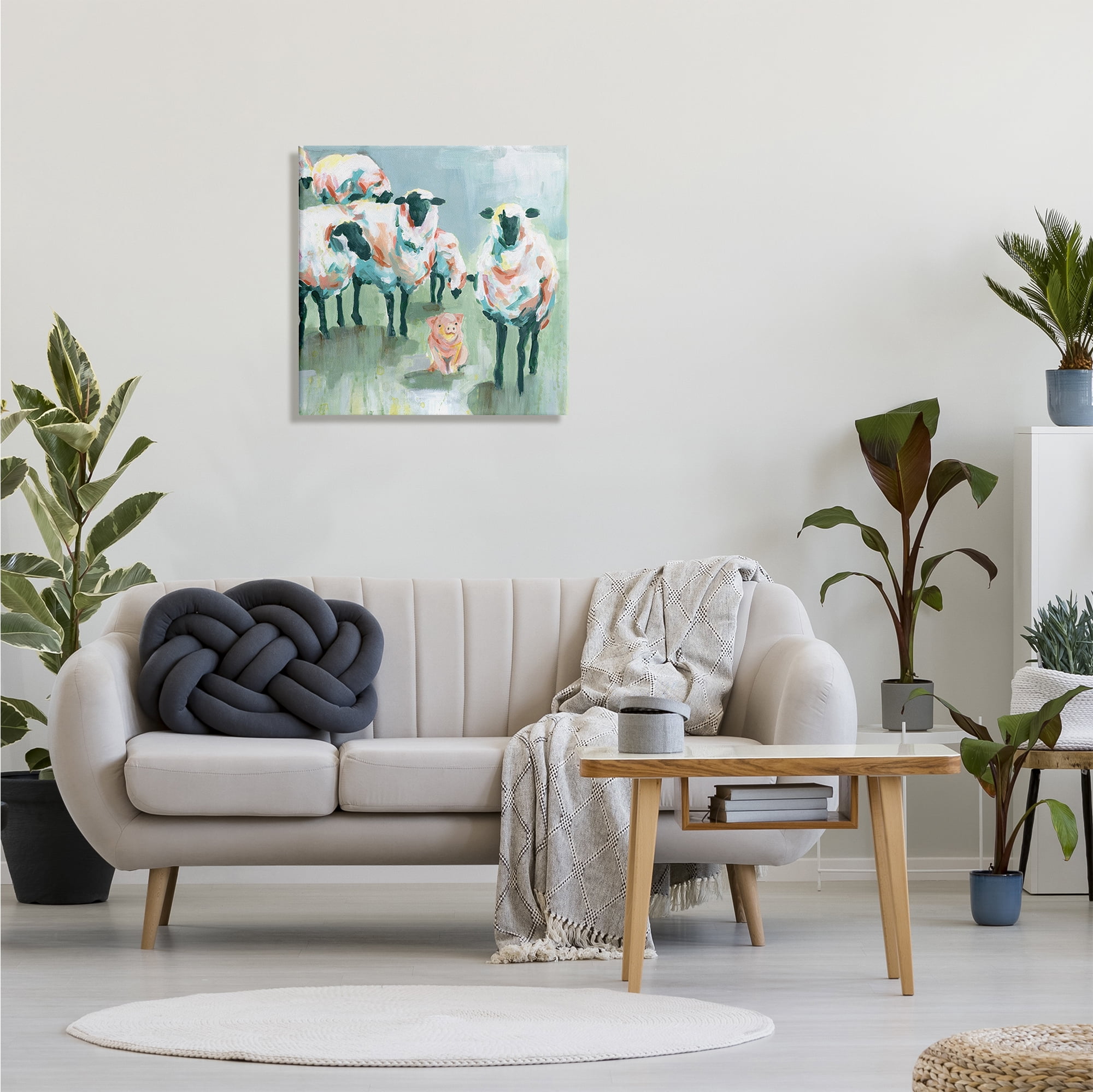 Design by Carol Robinson Piglet in Flock of Sheep Adorable Farm Animal 24 in x 24 in Painting Canvas Art Print, by Stupell Home Décor