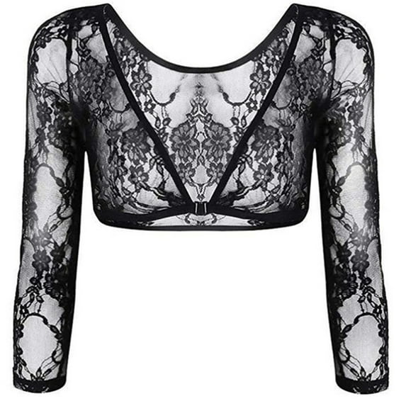 Sinhoon Women Summer Sexy Blouse, Lace Sheer V-Neck Long-Sleeves Tops Tight-Fitting Crop Top Mesh Dress Shirt Blouse for Girls