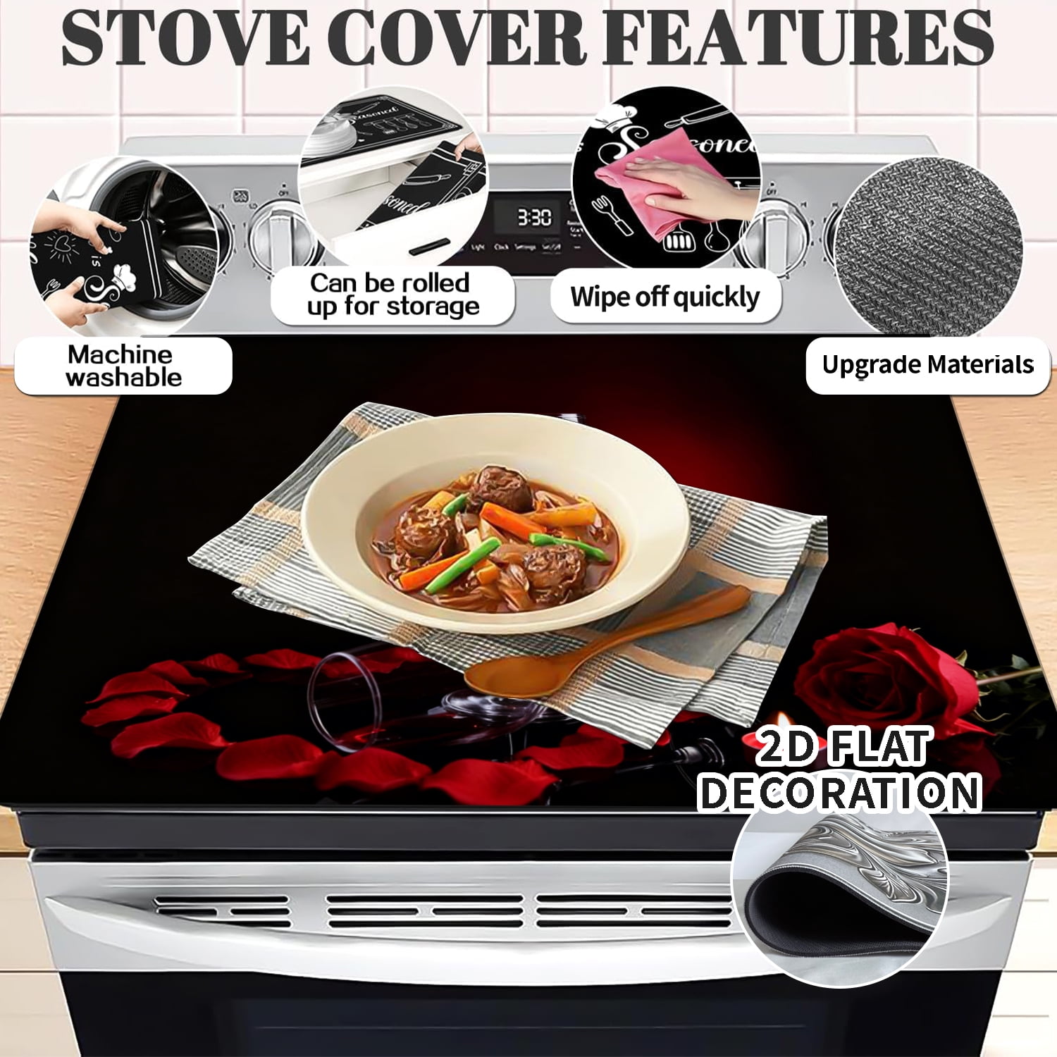 Stove Top Cover for Electric Stove 28×20 Inch Heat Resistant Glass Cooktop Cover Protector Red Wine Rose Design