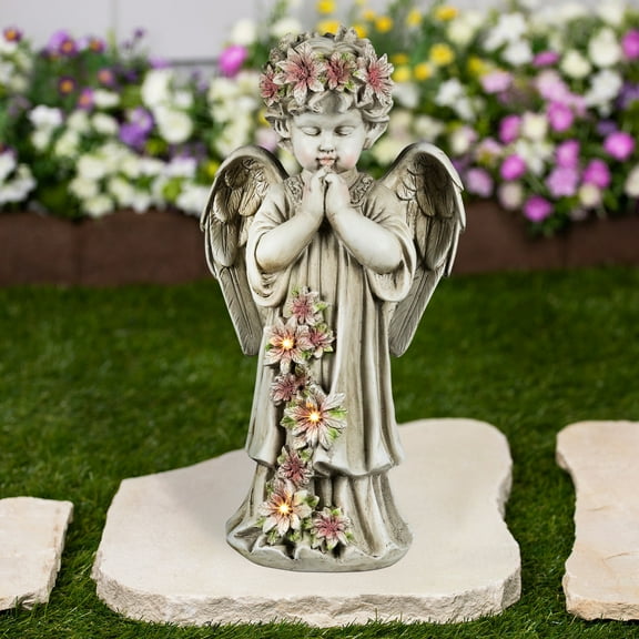 Northlight LED Lighted Praying Cherub with Flowers Statue - 16"