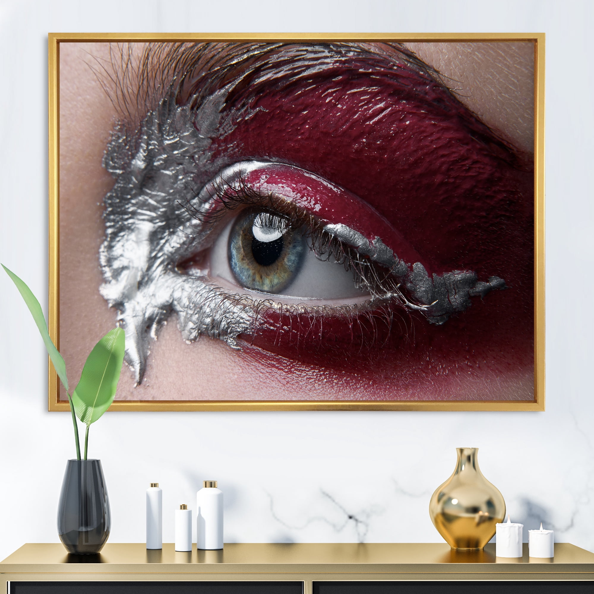 Close Up of A Woman Eye With Red Makeup On 32 in x 16 in Framed Photography Canvas Art Print, by Designart