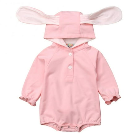 Easter Onesie - Baby Girls Long Sleeve Rabbit Bunny Ear Hoodie Bodysuit Jumpsuit Easter Costume Pink 12-18M