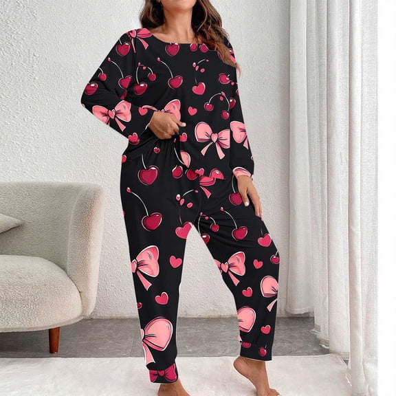 HWRETIE Women's Plus Size Printed Long Sleeve Pants Set Casual Home Suit Valentine's Day Outfit Fashion Comfy Loungewear Two-Piece Set for Relaxed Daily Style Pink-5