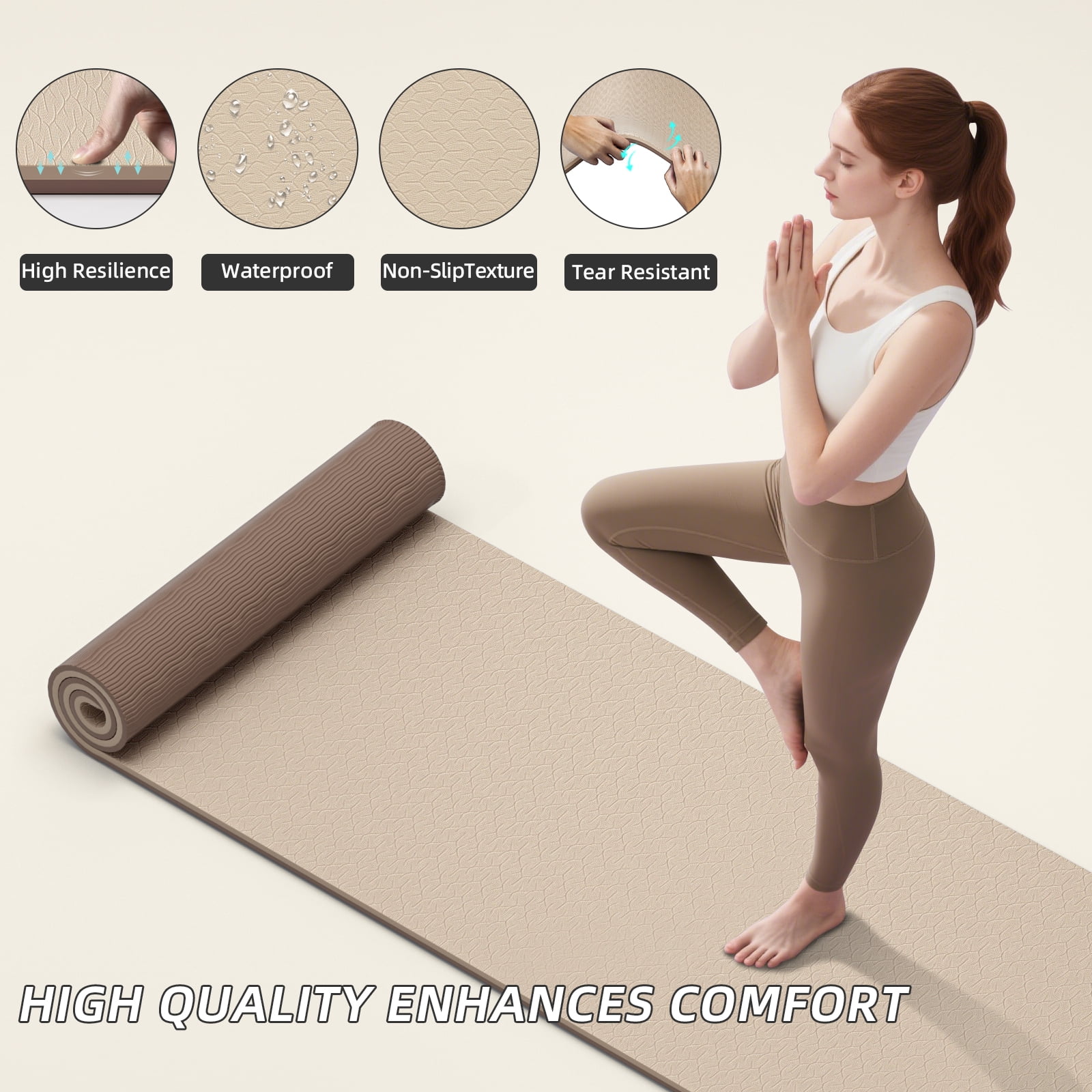 BAIMA Large Yoga Mat Thick Extra Wide and Long ,Roll-up Pilates Mats ,Eco TPE Double-Sided Exercise Pad with Carry Strap(Brown+Apricot)