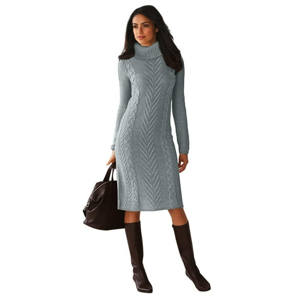 Women's Gray/Khaki/Black Hand Knitted High Neck Sweater Dress