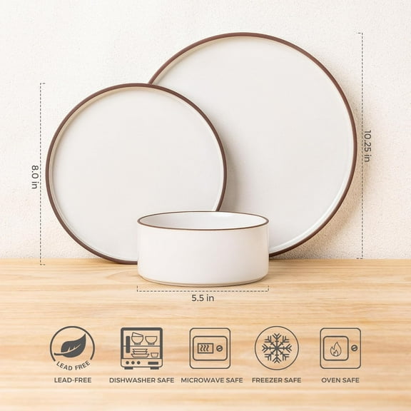 Ceramic Dinnerware Sets for 4, High Edge Stoneware Plates and Bowls Set, Chip and Crack Resistant | Oven & Dishwasher & Microwave Safe Dishes Set, Service for 4 -Vanilla White