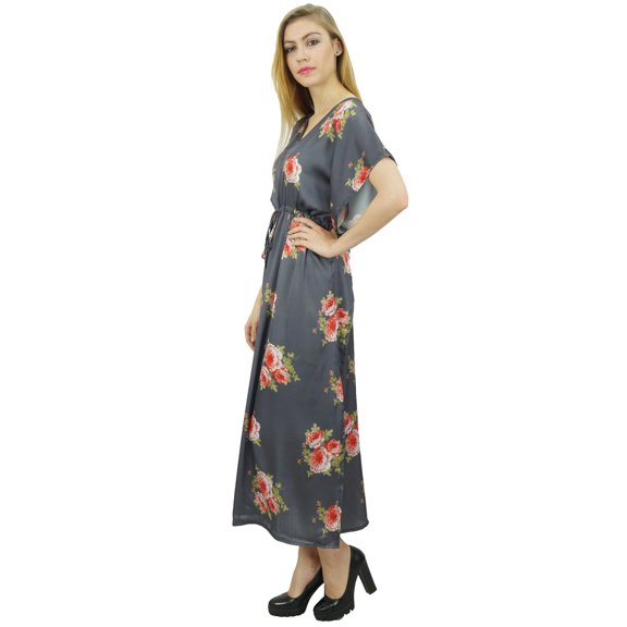 Bimba Women's Long Getting Ready Gray Gown Drawstring Floral Kaftan Kimono - 8