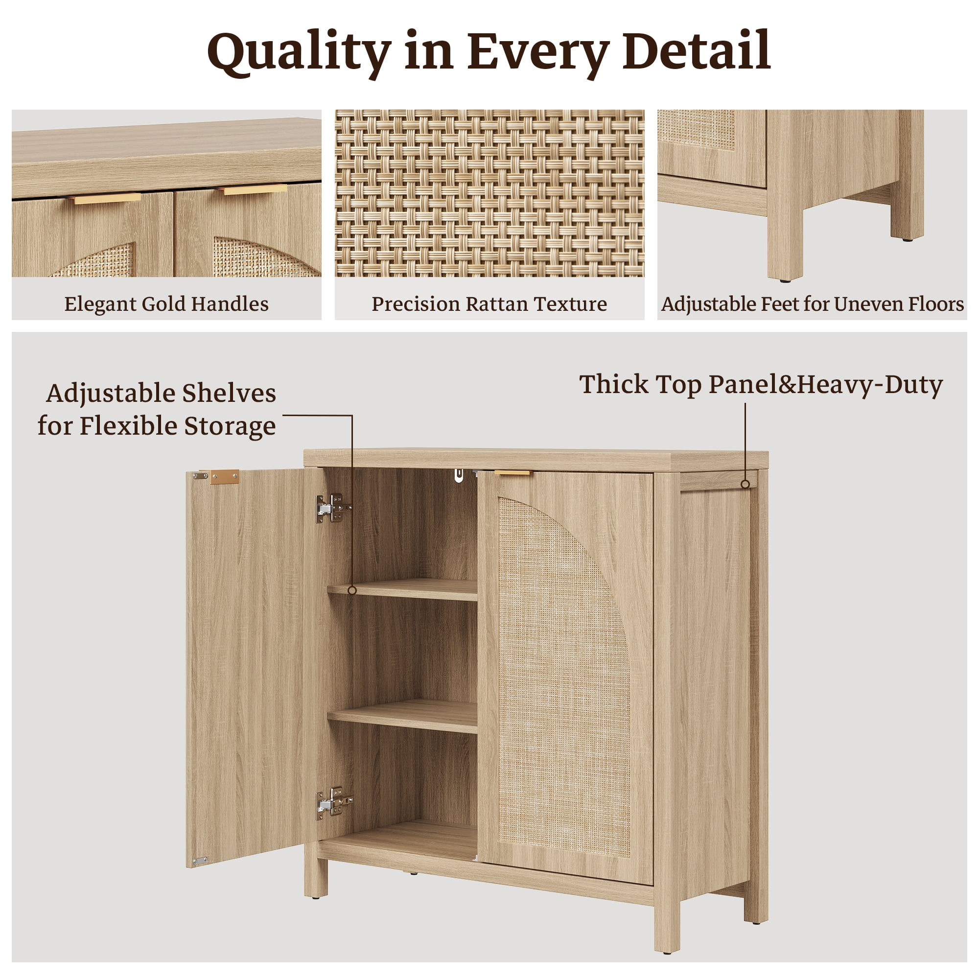 SICOTAS 34.2 Inch Wide Kitchen Pantry Cabinet with 2 Arch Rattan Doors, Rattan Buffet Cabinet with Adjustable Shelves for Kitchen Storage, Freestanding Organizer Sideboard Light Oak