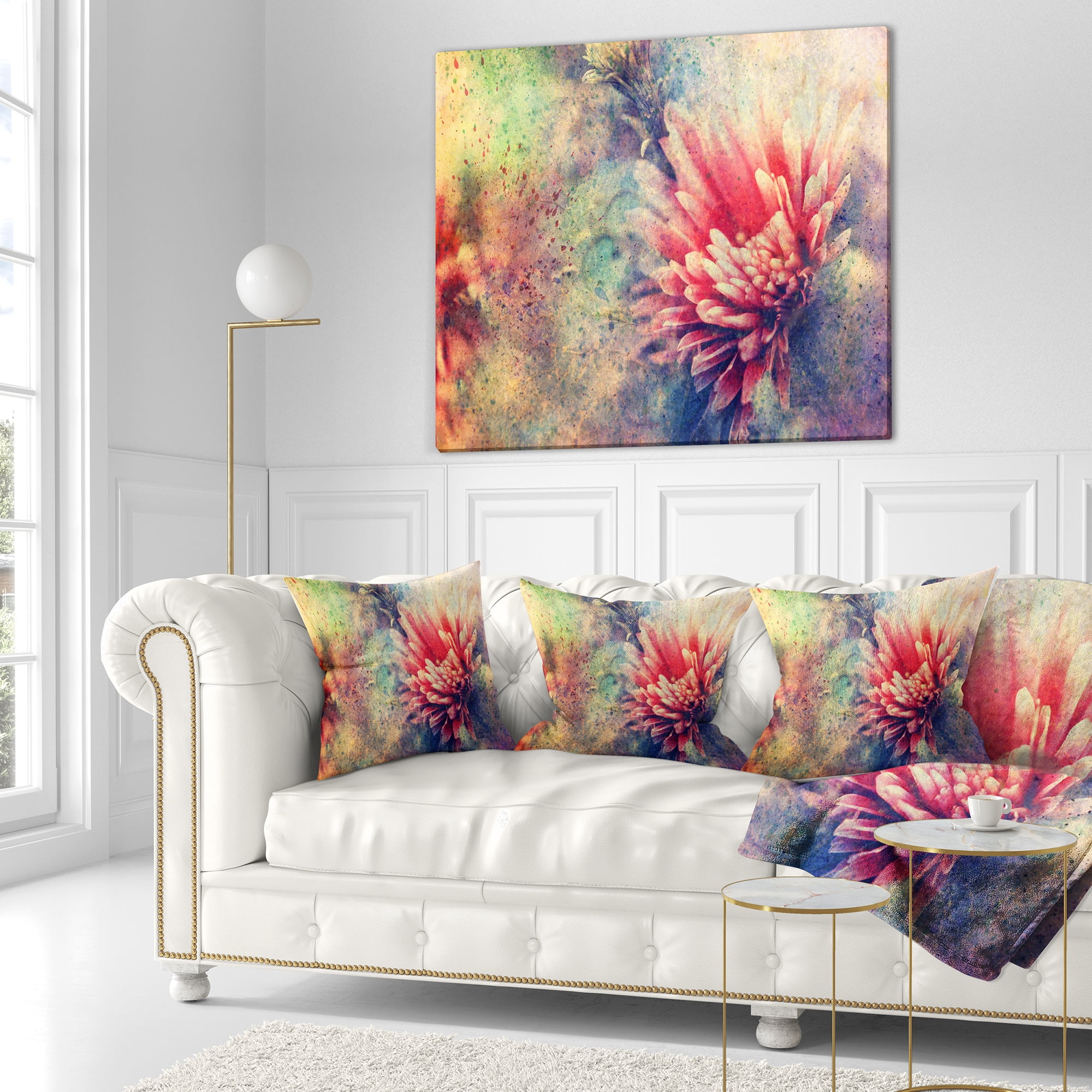 Designart Grunge Art with Flower and Splashes - Flower Throw Pillow - 18x18