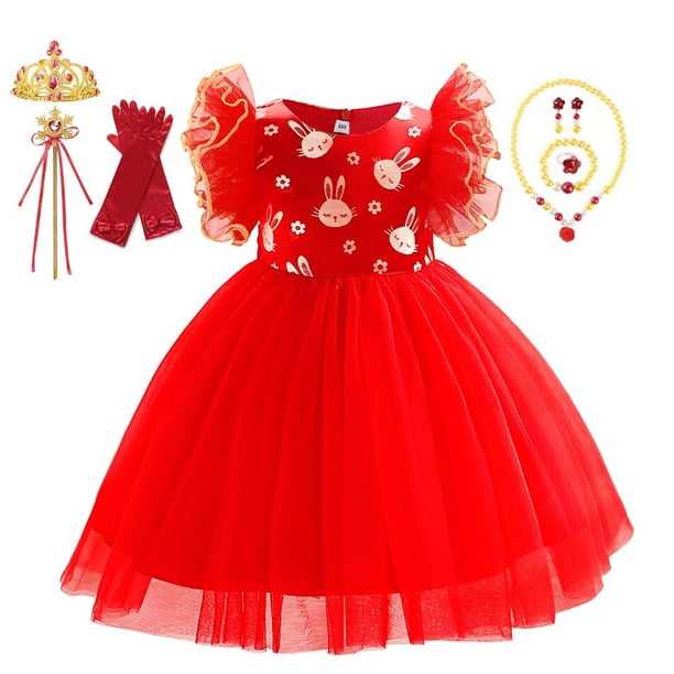 Vestidos de fiesta de boda para niños niñas tutú tul princesa vestido volantes conejo bordado elegante niños cumpleaños noche vestido 5T (etiqueta 120) Gao Jinjia LED