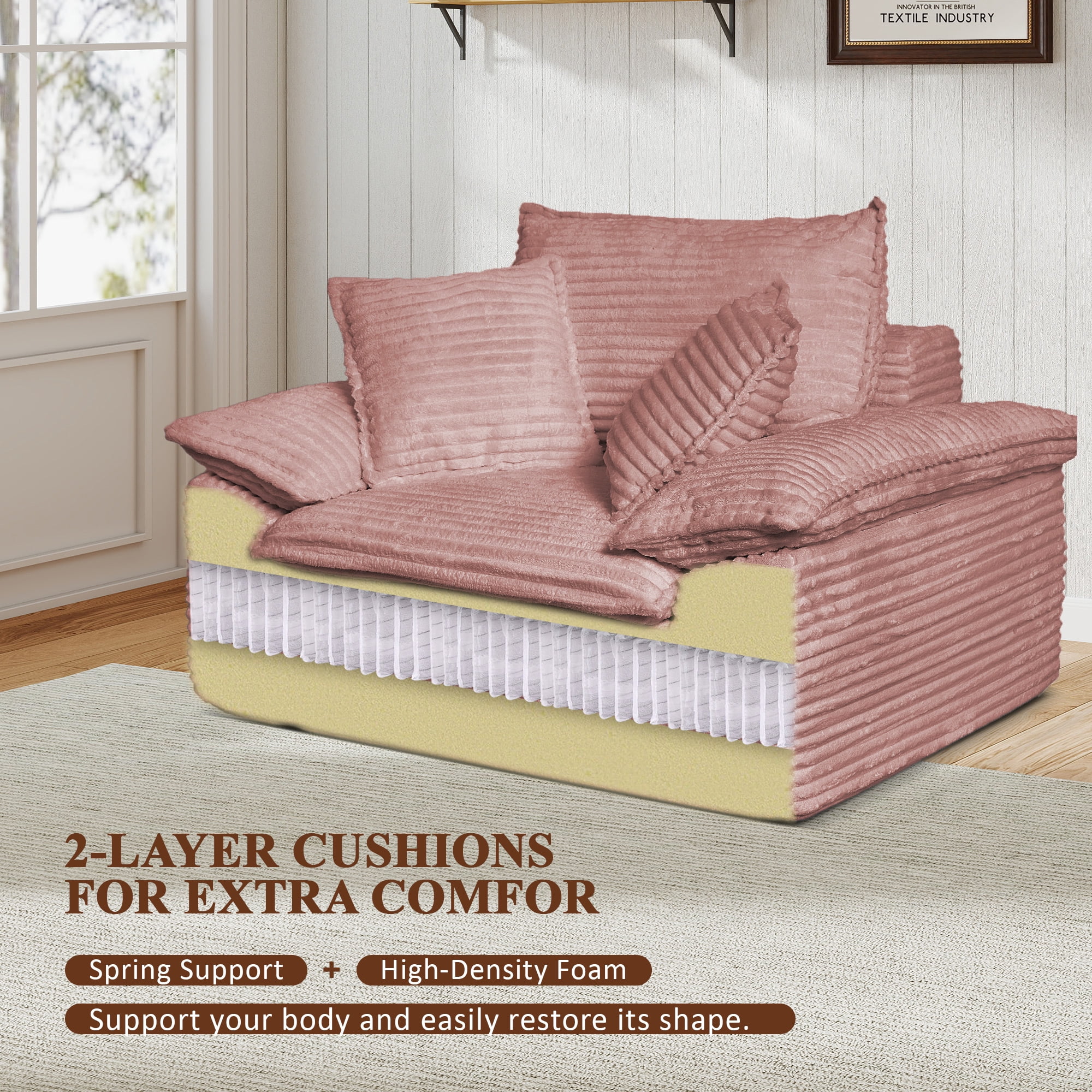 Aukfa 63.5" Oversized Chaise Lounge Sofa with Movable 2-Layer Ottoman, Deep Seat Boneless Couch, Corduroy Lounge Chair, Pink