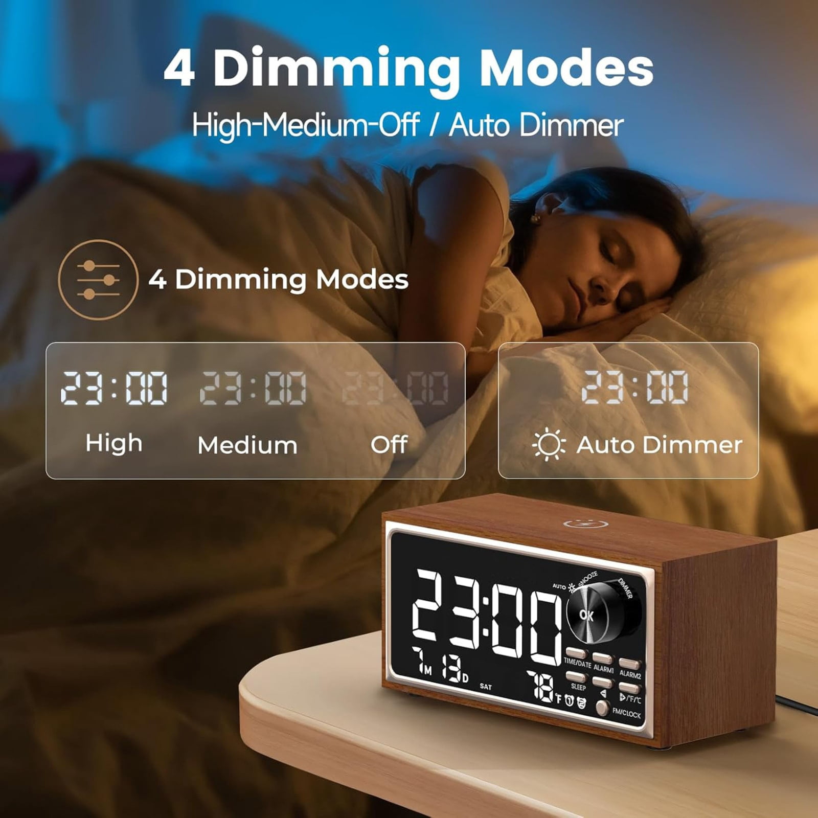 ZHENYEMEI Digital LED Alarm Clock, Vintage Alarm Clock Radio with Fast Wireless Charging, White Noise Sound, Dual Alarms, Temperature display, Dimmer Control,Auto-Dimming, Retro Clock for Bedroom