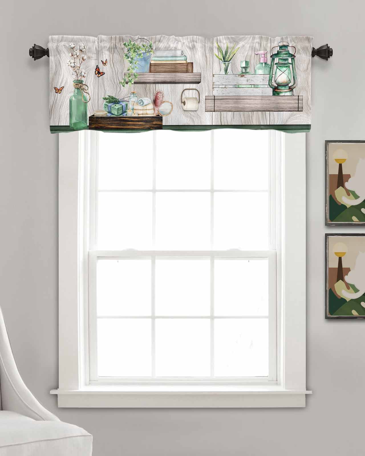 Green Gray Kitchen Valances for Windows Farmhouse Linen Window Valance Curtain for Living Room Window Treatment Farmhouse Summer Botanical Wooden Valance Rod Pocket Topper Drape, 60 x 18 Inch