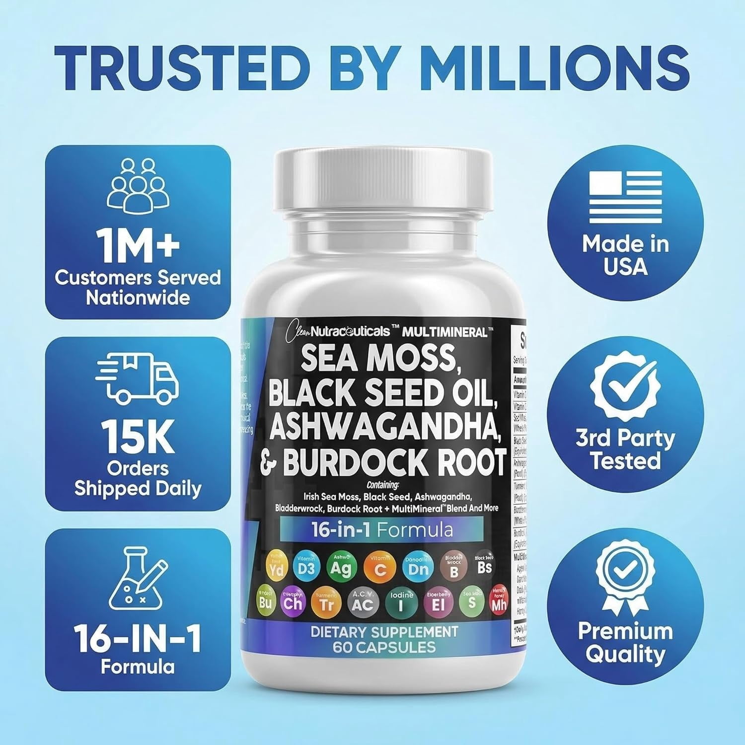 Clean Nutra MultiMineral Sea Moss Capsules 2 Pack - Black Seed Oil Ashwagandha Turmeric Bladderwrack Burdock Root Vitamin C D3 Elderberry Iodine Chlorophyll