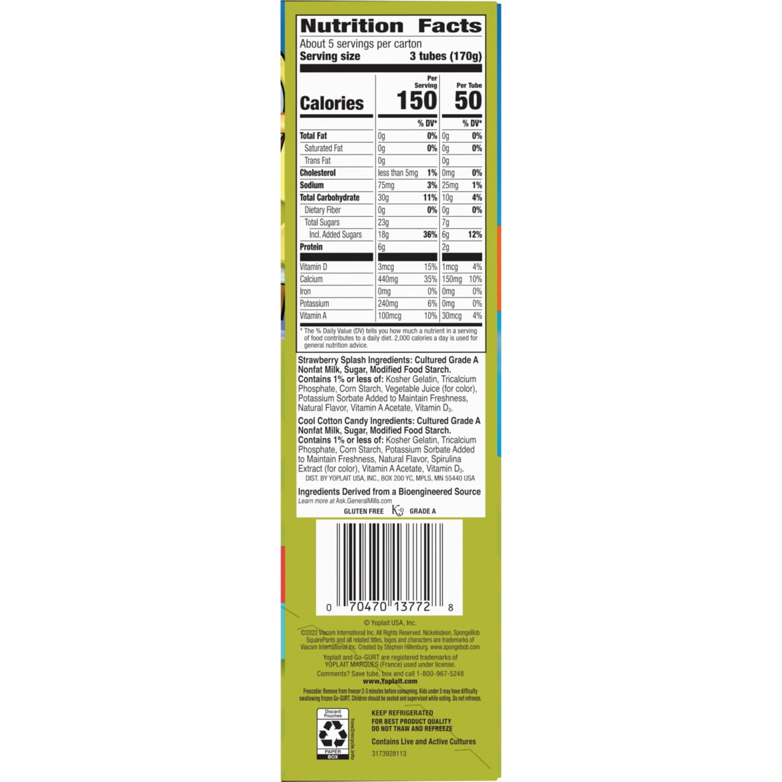 Go-GURT SpongeBob SquarePants Kids Fat Free Yogurt Variety Pack, 2 oz Yogurt Tubes (16 Ct)