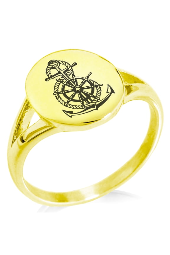 Stainless Steel Nautical Anchor Ship Helm Wheel Minimalist Oval Top Polished Statement Signet Ring