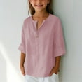 thumbnail image 2 of KAUOD Kids Girls Cotton Linen V Neck T Shirts 2025 Summer 3/4 Sleeve Solid Loose Fit Tunic Tees Tops for Girls Casual Comfy, 2 of 5
