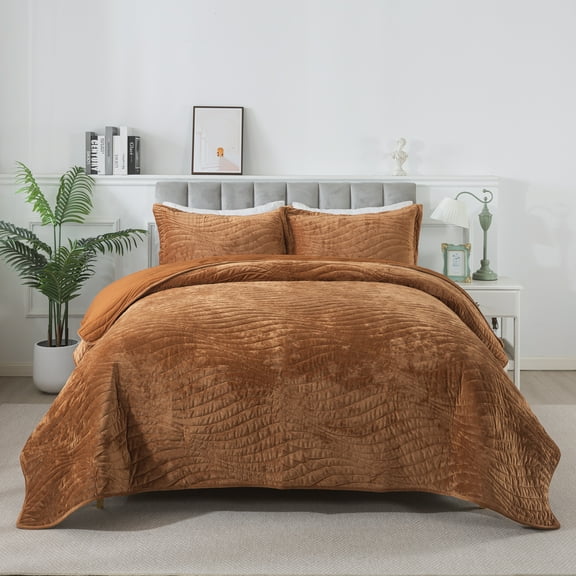 Ewayby Velvet Quilt King Size Set, Ultra Soft Bedspread Quilted Set for King Bed Coverlet, Golden Camel