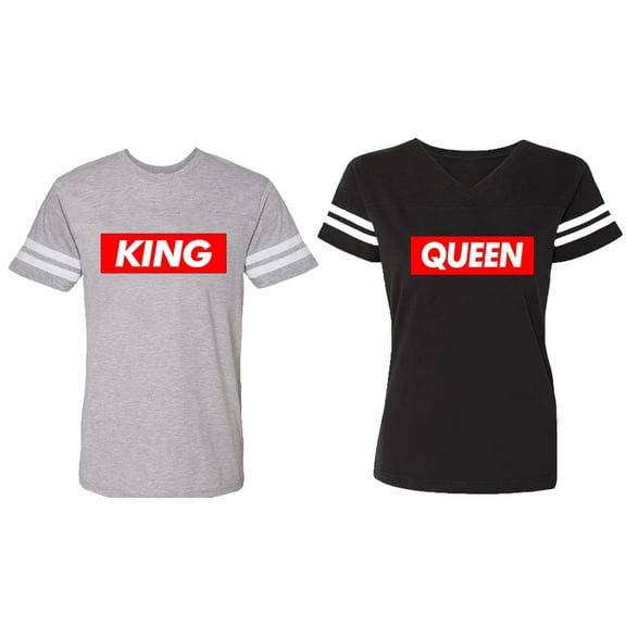 King Queen Hip Hop Matching Couple Cotton Jerseys (Men Heather / Women Black) (Men S / Women S)