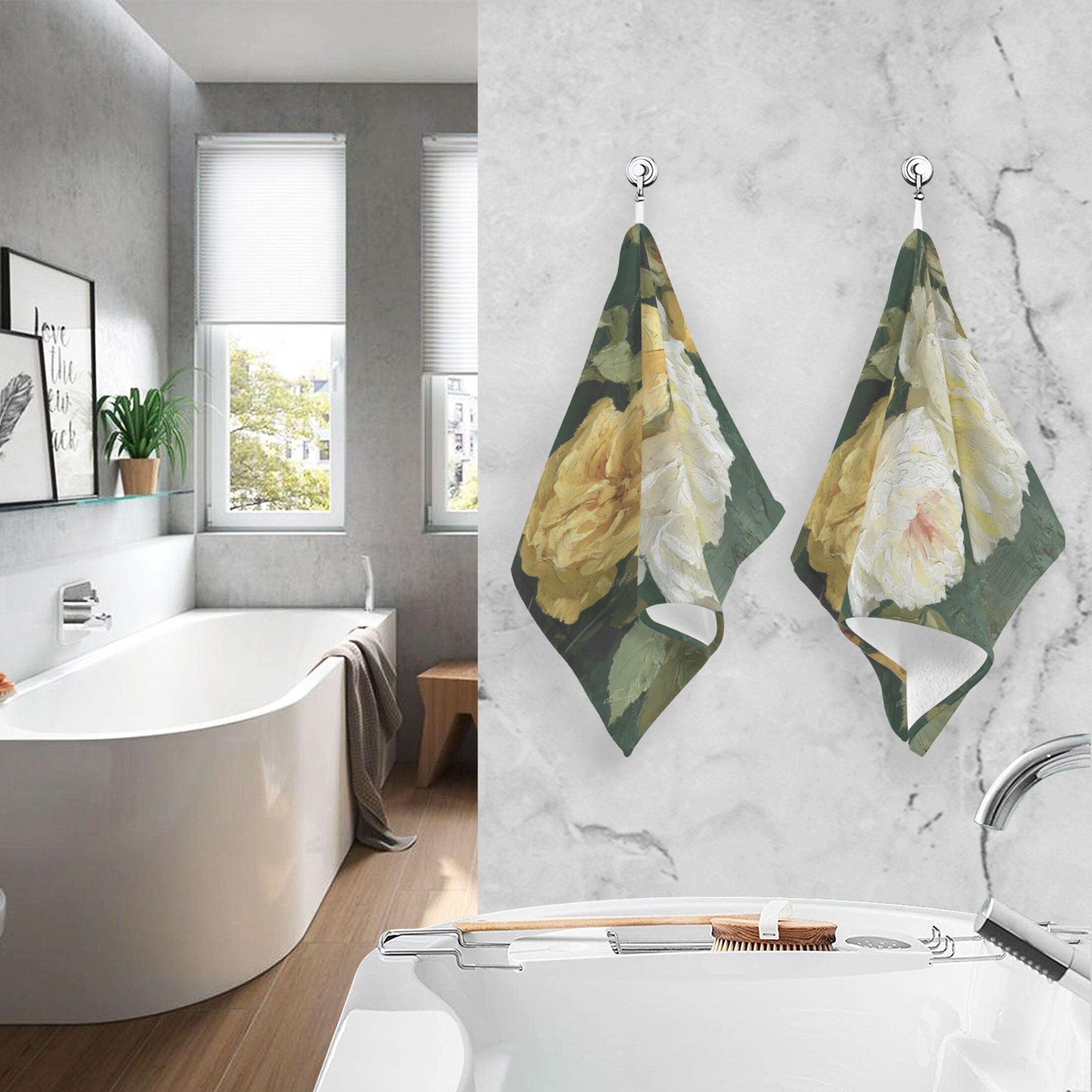 2 Pieces of Cotton Towel Face Towel Set Hand Towel Bath Towel Cotton Bath Towel Sets White Peony Olive Green