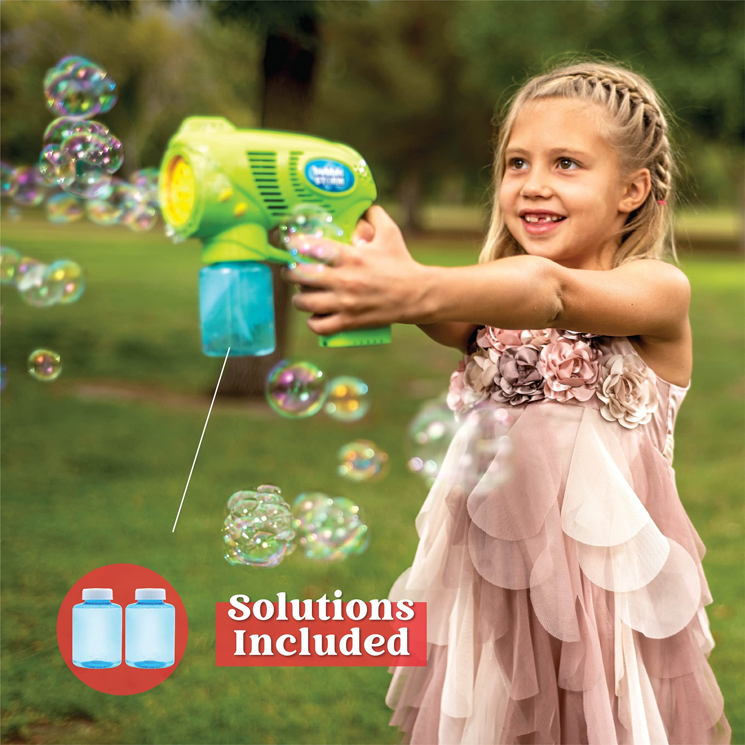 JOYIN 2 Bubble Guns with 2 Bottles Bubble Refill Solution (10 oz Total),  Bubble Machine for Toddlers 1-3, Bubble Blaster Party Favors, Summer Toy