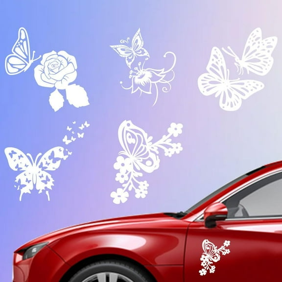 5Pcs Butterfly Car Decal Set 5.93x6.1 Inches（14.8x15.5cm） Waterproof Vinyl Butterflies Car Stickers White Reflective Butterflies with Flower Car Decals Car Window Decals for Cars Luggage