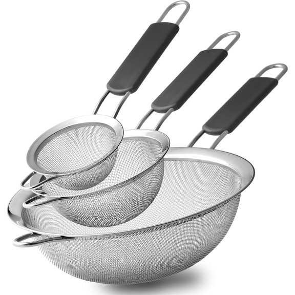 3 Pack Fine Mesh Strainers 3", 5", 8" Kitchen Sieves Sifters Strainers Set for Pasta Rice Quinoa Food Flour Baking