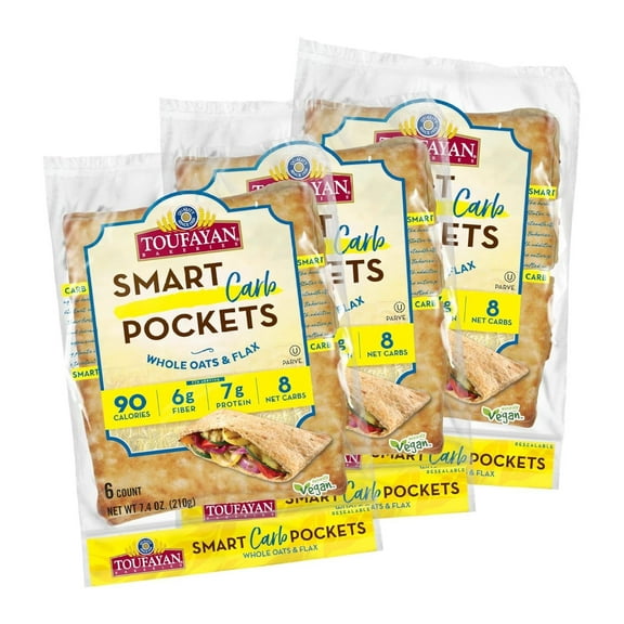 Toufayan Smart Carb Smart Pockets Pita Bread | Low Carb | Low Calorie | Vegan (3 Pack, 18 Pitas Total)