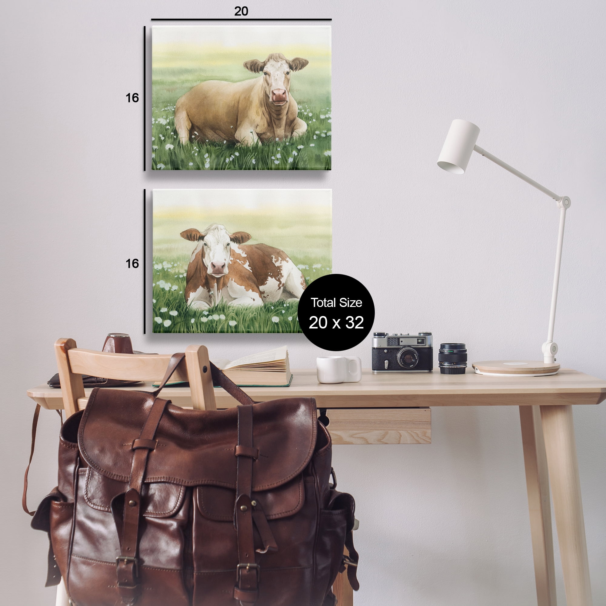 Stupell Industries Cows Resting in Flower Field Animals Painting Wrapped Canvas Art Print Wall Art, 20 x 16, Set of 2