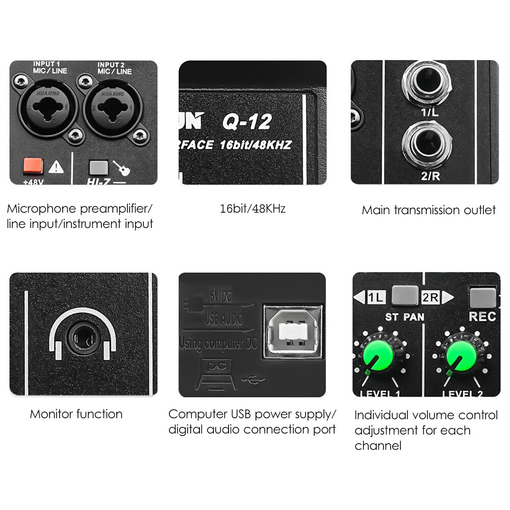 Audio Interface Professional Recording Sound Card 16bit/48kHz Mini USB Audio Interface Sound Card 2-In & 2-Out with 48V Phantom Power USB-B Cable Studio Recording Equipment for Music Recording