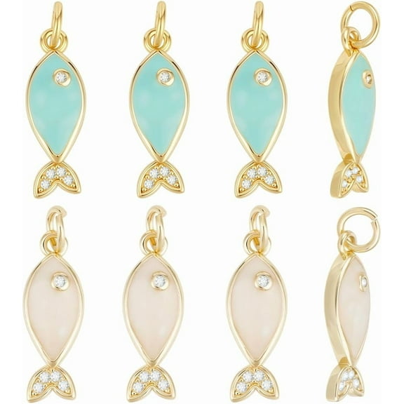 8Pcs 2 Colors Enamel Fish Charms 18K Gold Plated Cubic Zirconia Dangle Pink Light Blue Fish Charm