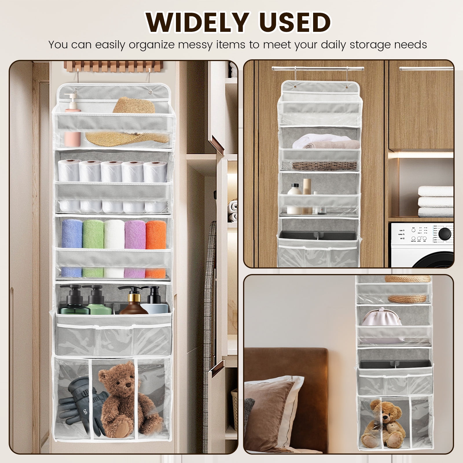 Door Hanging Storage Organizer,with 3 Bins 1 Movable Baby Diaper Caddy,1 Large capacity diaper stacking storage Organizer,10 Side Pockets ,Bedroom Door Storage for Nursery Baby Essentials