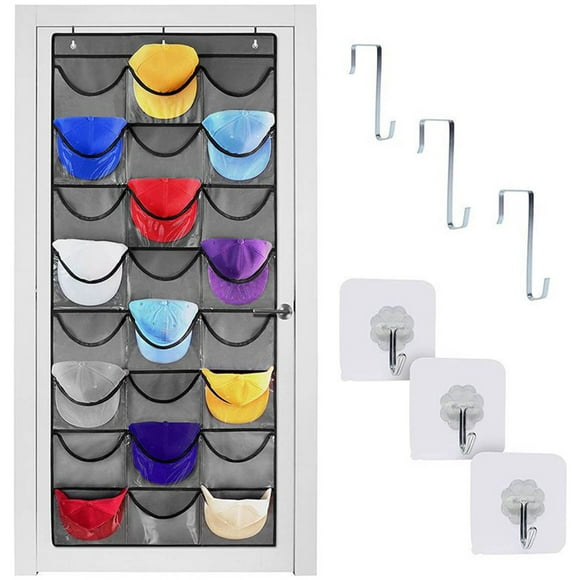 RXIRUCGD 24 Pockets Hat Rack For Baseball Caps, Baseball Hat Organizer For Wall/Over The Door, Caps Hat Hanger For Closet With Large Clear Pockets & 3 Hooks, Hat