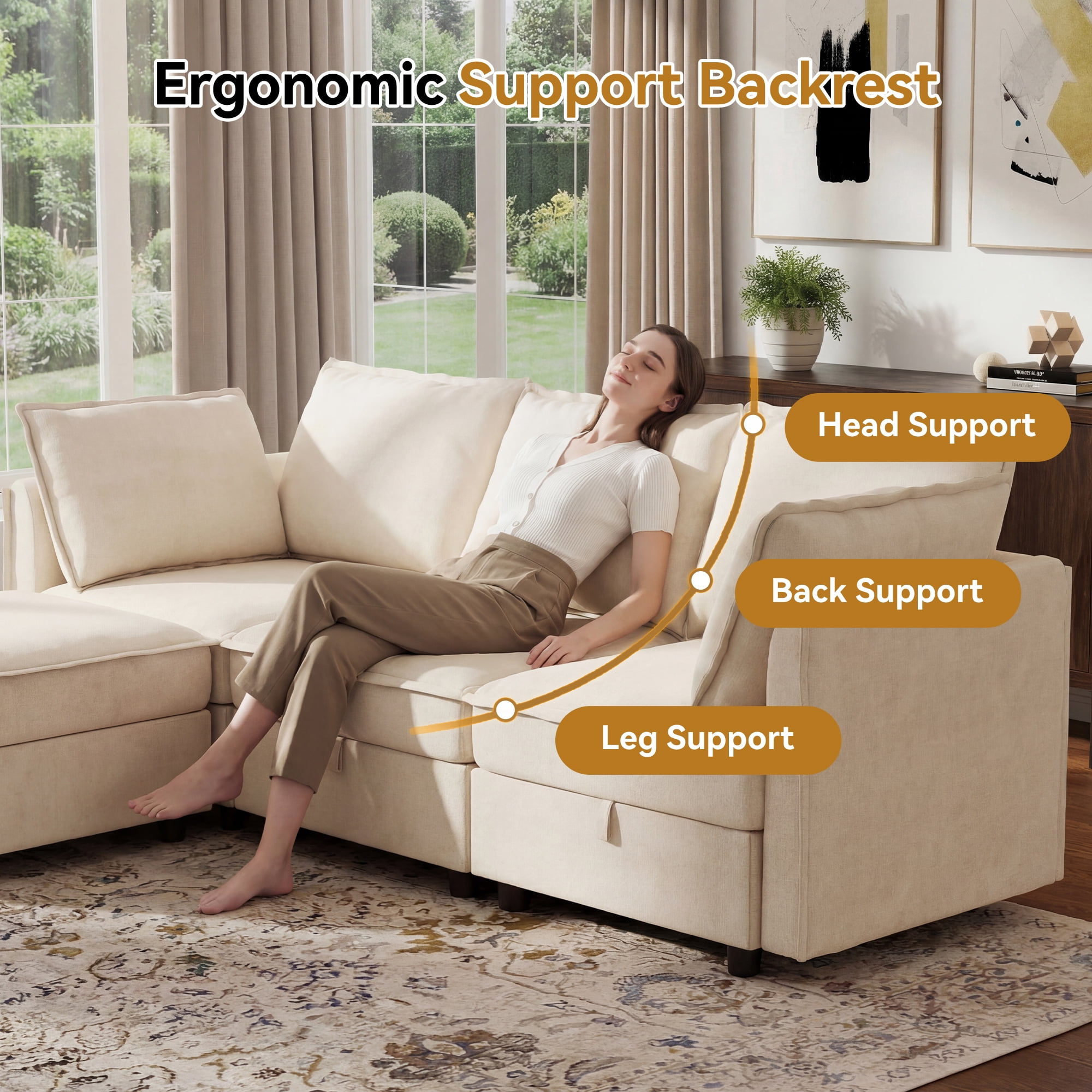 BedLuxury 97" Modular Sectional Sofa with Storage, U-Shaped Modern Sofa Couch with Movable Ottomans for Living Room, Office, Beige