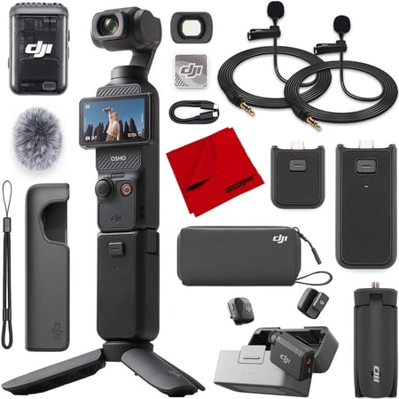 DJI Osmo Pocket 3 Creator Combo Vlogging Camera with Mic 2, 1'' CMOS, 4K/120fps Video, 3-Axis Stabilization, Face/Object Tracking Bundle with Deco Essentials 2 Lapel Microphones + DJI Mic Mini