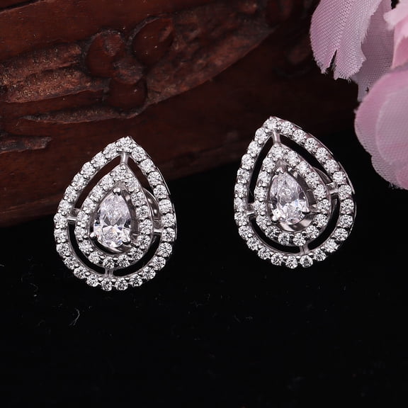 TAAPSEE JEWELS Cubic Zirconia Pear Cut Women's Double Halo Teardrop Stud Earrings 14k White Gold Plated