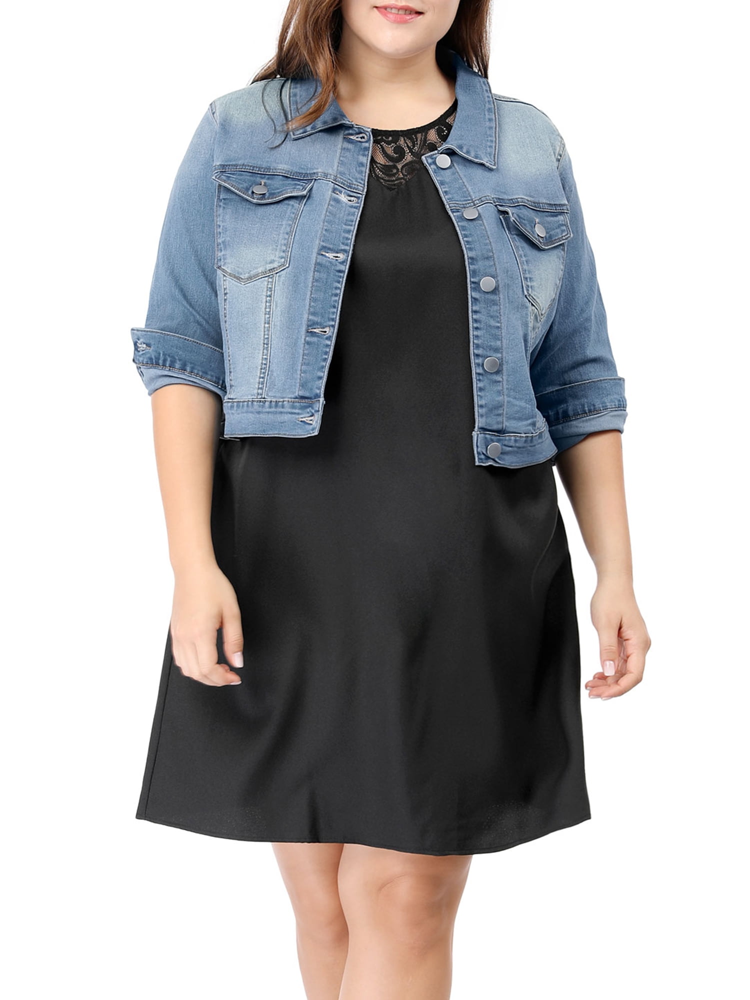 DARING DIVA Women's Plus Button Closed Cropped Denim Jacket 6X Light Blue