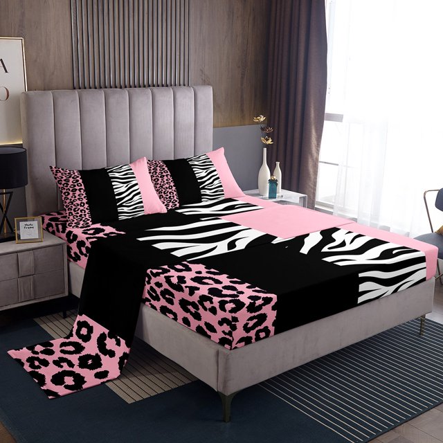 Erosebridal Zebra Leopard Print King Sheet Sets, Rectangle Geometric Bedding King Size, Animal Decorative,
