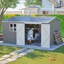 12x10 FT Outdoor Storage Shed, Large Metal Garden Tool Shed with Lockable Doors, Waterproof Steel Utility Building for Backyard, Patio, Lawn Equipment, Grey
