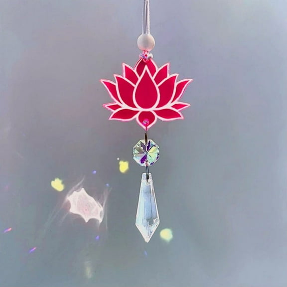 Pink Lotus Flower Car Charm, Auto Rear View Mirror Accessories, Rainbow Crystal Suncatcher, BOHO Minimalist Dainty Decor, New Car Gift For Her